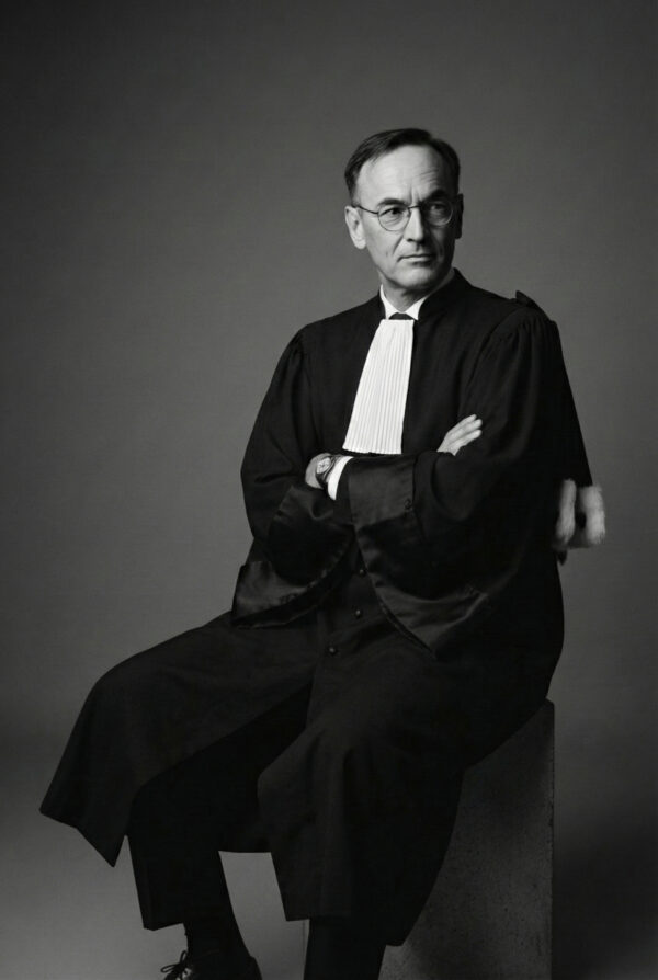 Portrait en noir et blanc de Maître Eric Rocheblave en robe d'avocat
